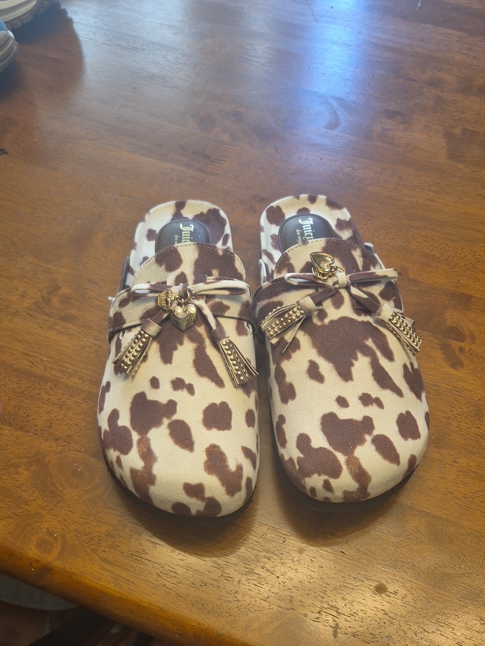 Kids Cow-Print Slip-On Mules with Tassel Accent